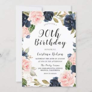 Navy Blue Blush Waterverf 90th Birthday Party Kaart