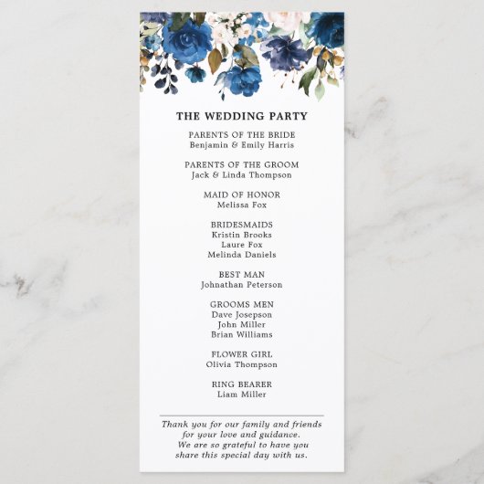 Navy Blue Blush Waterverf Bloemen Trouwprogramma Programmakaart (Achterkant)