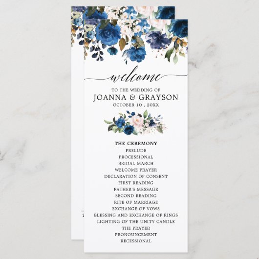 Navy Blue Blush Waterverf Bloemen Trouwprogramma Programmakaart (Voorkant / Achterkant)