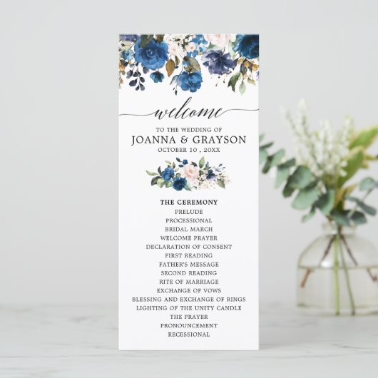 Navy Blue Blush Waterverf Bloemen Trouwprogramma Programmakaart (Staand voorkant)