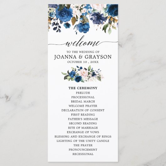 Navy Blue Blush Waterverf Bloemen Trouwprogramma Programmakaart (Voorkant)