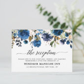 Navy Blue Blush Waterverf Floral Reception Detail Kaart (Staand voorkant)