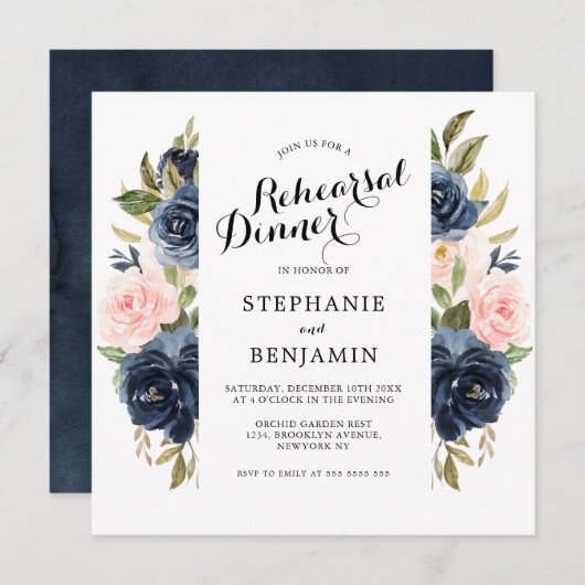 Navy Blue Blush Waterverf Floral Rehearsal Dinner Kaart (Voorkant / Achterkant)