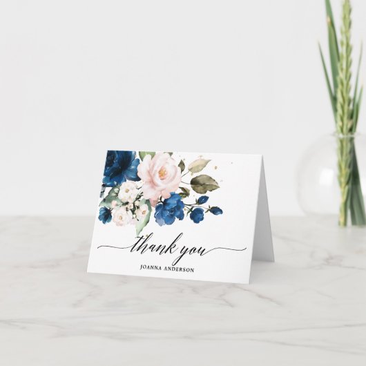 Navy Blue Blush Waterverf Floral Vrijgezellenfeest Bedankkaart (Voorkant)