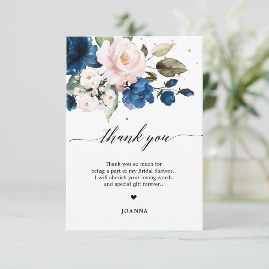 Navy Blue Blush Waterverf Floral Vrijgezellenfeest Bedankkaart (Staand voorkant)