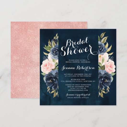 Navy Blue Blush Waterverf Floral Vrijgezellenfeest Kaart (Voorkant / Achterkant)