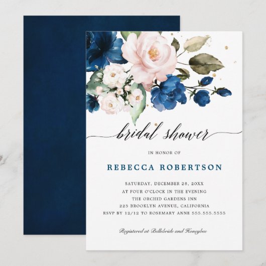 Navy Blue Blush Waterverf Floral Vrijgezellenfeest Kaart (Voorkant / Achterkant)
