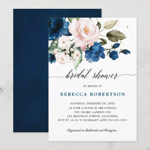 Navy Blue Blush Waterverf Floral Vrijgezellenfeest Kaart
