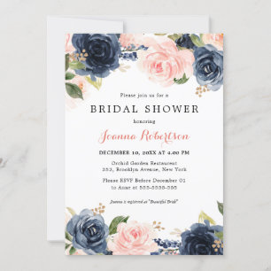 Navy Blue Blush Waterverf Floral Vrijgezellenfeest Kaart