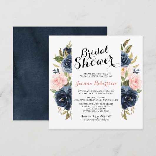 Navy Blue Blush Waterverf Floral Vrijgezellenfeest Kaart (Voorkant / Achterkant)