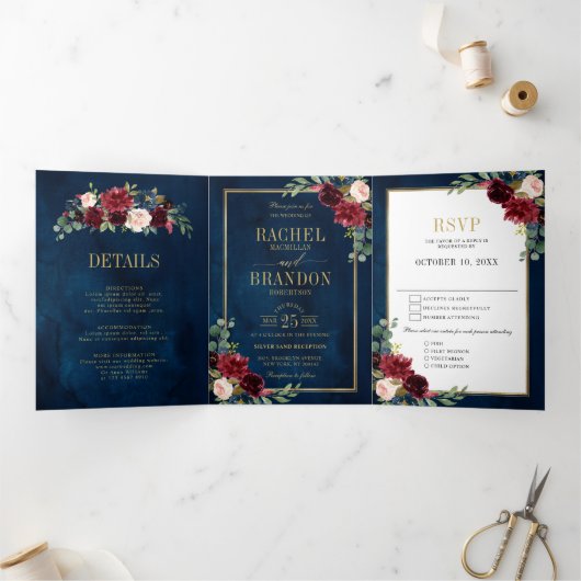 Navy Blue Blush Waterverf Gold Geometric Wedding Drieluik Aankondiging (Binnen)