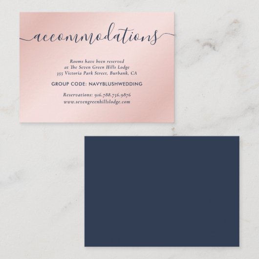 Navy Blue Blush Wedding Hotel Accommodatie Cards Informatiekaartje (Voorkant / Achterkant)