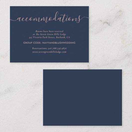 Navy Blue Blush Wedding Hotel Accommodatie Cards Informatiekaartje (Voorkant / Achterkant)
