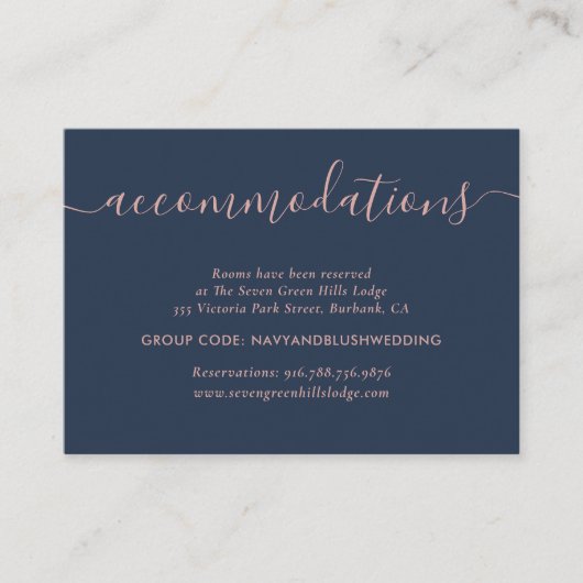 Navy Blue Blush Wedding Hotel Accommodatie Cards Informatiekaartje (Voorkant)