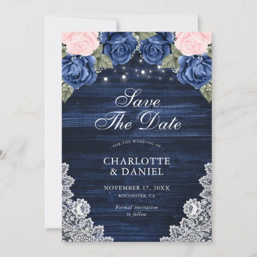 Navy Blue Blush Wood Lace Floral Wedal Foto Save The Date (Voorkant)