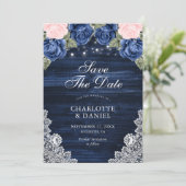 Navy Blue Blush Wood Lace Floral Wedal Foto Save The Date (Staand voorkant)
