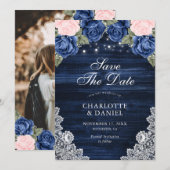 Navy Blue Blush Wood Lace Floral Wedal Foto Save The Date (Voorkant / Achterkant)