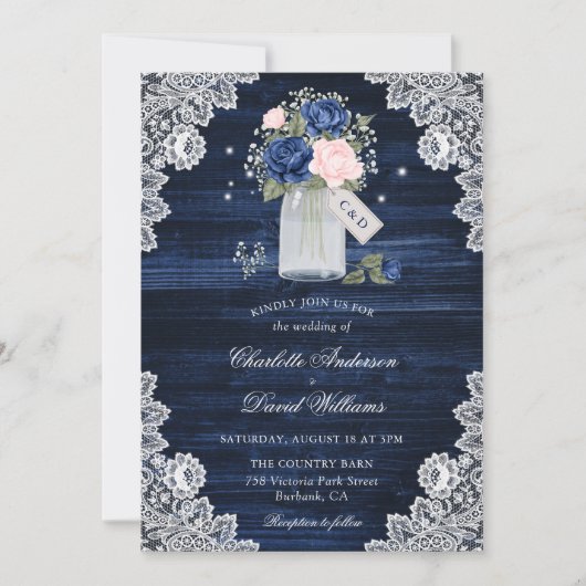 Navy Blue Blush Wood Lace Mason Jar Floral Wedding Kaart (Voorkant)