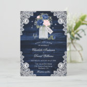Navy Blue Blush Wood Lace Mason Jar Floral Wedding Kaart (Staand voorkant)