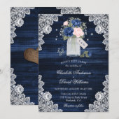 Navy Blue Blush Wood Lace Mason Jar Floral Wedding Kaart (Voorkant / Achterkant)