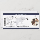Navy Blue Boarding Pass Ticket Bruiloft Save The Date (Voorkant)