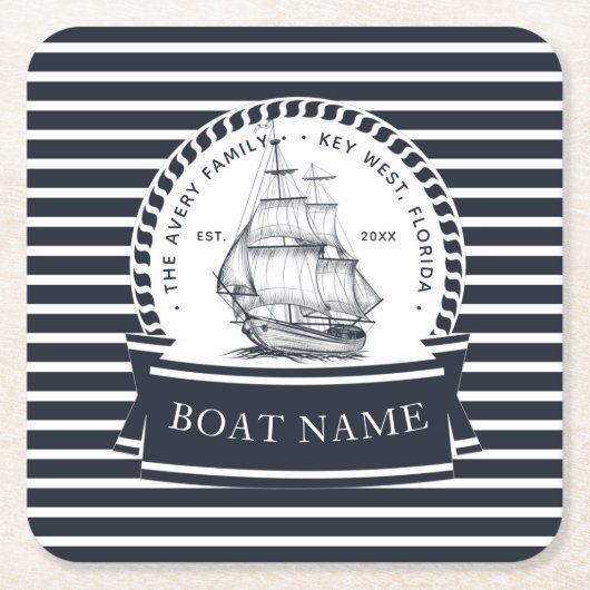 Navy Blue Boat gepersonaliseerd Kartonnen Onderzetters (Voorkant)