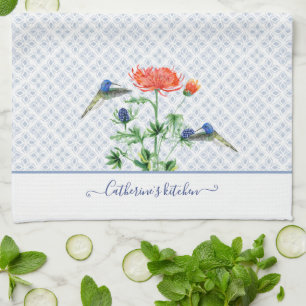 Navy Blue Boerderij House Floral Waterverf Humming Theedoek
