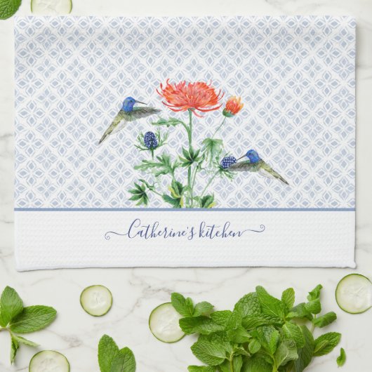 Navy Blue Boerderij House Floral Waterverf Humming Theedoek (Gevouwen)