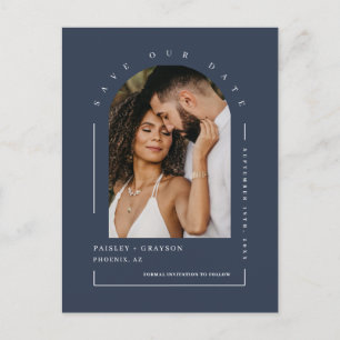 Navy Blue Boho Arch Photo QR Code Save Our Date Briefkaart