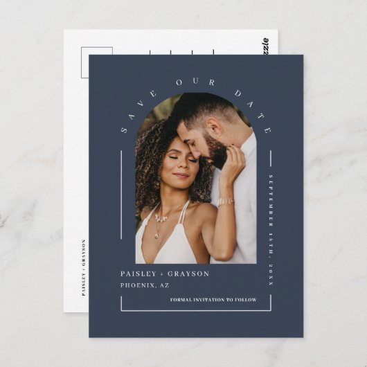 Navy Blue Boho Arch Photo QR Code Save Our Date Briefkaart (Voorkant / Achterkant)