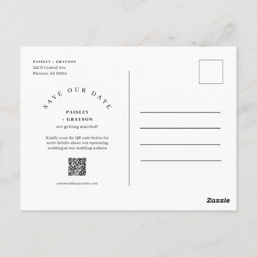 Navy Blue Boho Arch Photo QR Code Save Our Date Briefkaart (Achterkant)