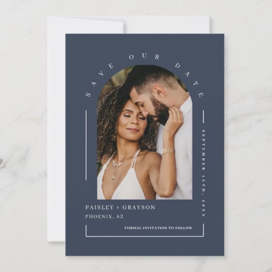 Navy Blue Boho Arch Photo QR Code Save our Date Kaart (Voorkant)