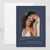 Navy Blue Boho Arch Photo QR Code Save our Date Kaart (Voorkant / Achterkant)