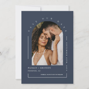Navy Blue Boho Arch Photo QR Code Save our Date Kaart
