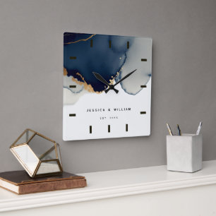 Navy Blue Boho Beach Bruiloft Jubileum Keepsake Vierkante Klok