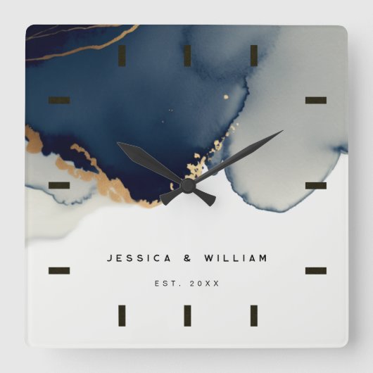 Navy Blue Boho Beach Bruiloft Jubileum Keepsake Vierkante Klok (Voorkant)