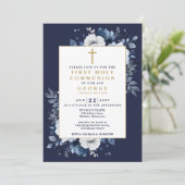 Navy Blue Boho Bloemstuk Eerste Heilige Communie Kaart (Staand voorkant)