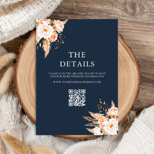 Navy Blue Boho Chic Bloemen Huwelijk Informatiekaartje