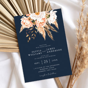 Navy Blue Boho Chic Bloemen Huwelijk Kaart