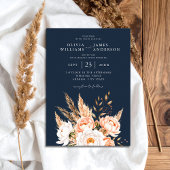 Navy Blue Boho Chic Bloemen Huwelijk Kaart