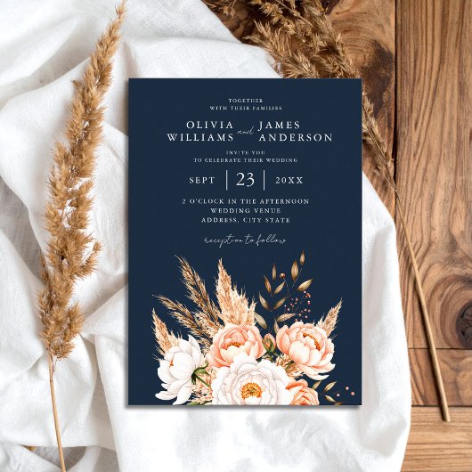 Navy Blue Boho Chic Bloemen Huwelijk Kaart