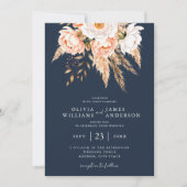 Navy Blue Boho Chic Bloemen Huwelijk Kaart (Voorkant)