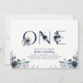 Navy Blue Boho Chic Floral Boy 1st Birthday Party Kaart (Voorkant)