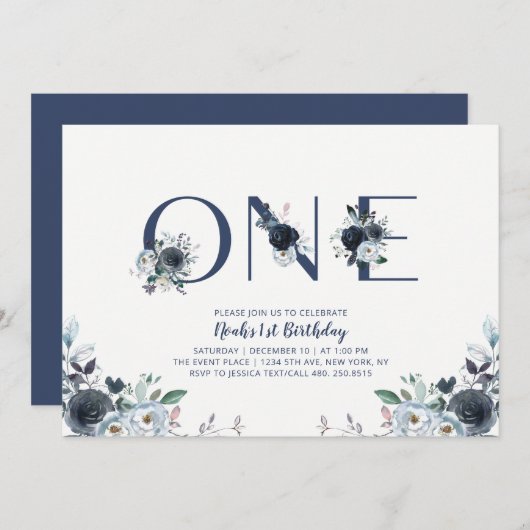 Navy Blue Boho Chic Floral Boy 1st Birthday Party Kaart (Voorkant / Achterkant)