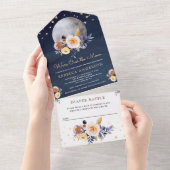 Navy Blue Boho Earthy Floral Moon Baby shower All In One Uitnodiging (Afscheurbaar)