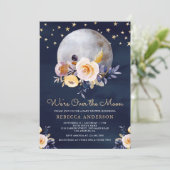 Navy Blue Boho Earthy Floral Moon Baby shower Kaart (Staand voorkant)