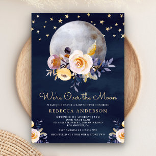 Navy Blue Boho Earthy Floral Moon Baby shower Kaart