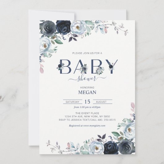 Navy Blue Boho Floral Baby shower Kaart (Voorkant)