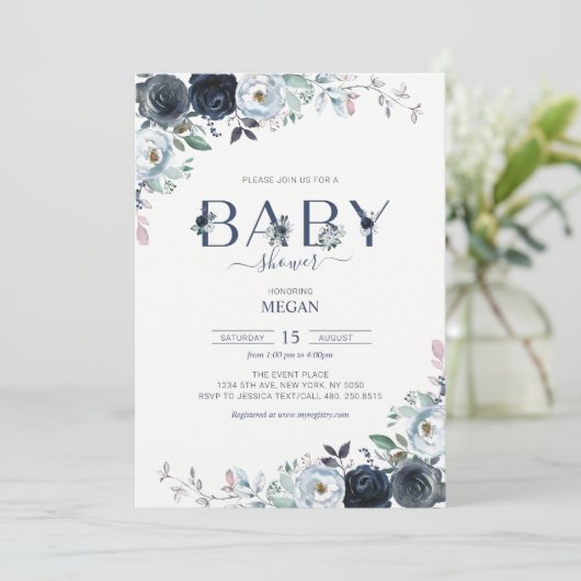 Navy Blue Boho Floral Baby shower Kaart (Staand voorkant)