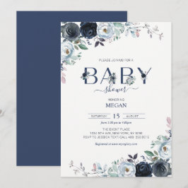 Navy Blue Boho Floral Baby shower Kaart